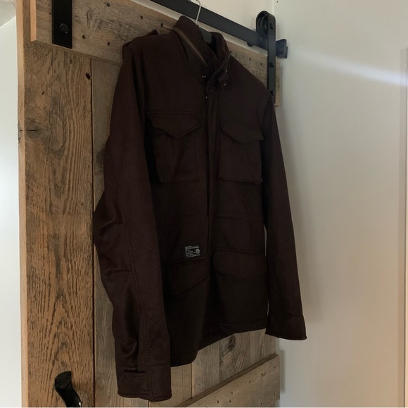 Women’s XL OBEY PROPAGANDA MILITARY SPEC Brown Leather Look Cargo Jacket Hood EC - Picture 3 of 16